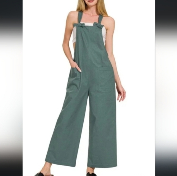 Zenana Outfitters Pants - New Dark Olive Knotted Wide Leg Stretch Cotton Overall Jumpsuit